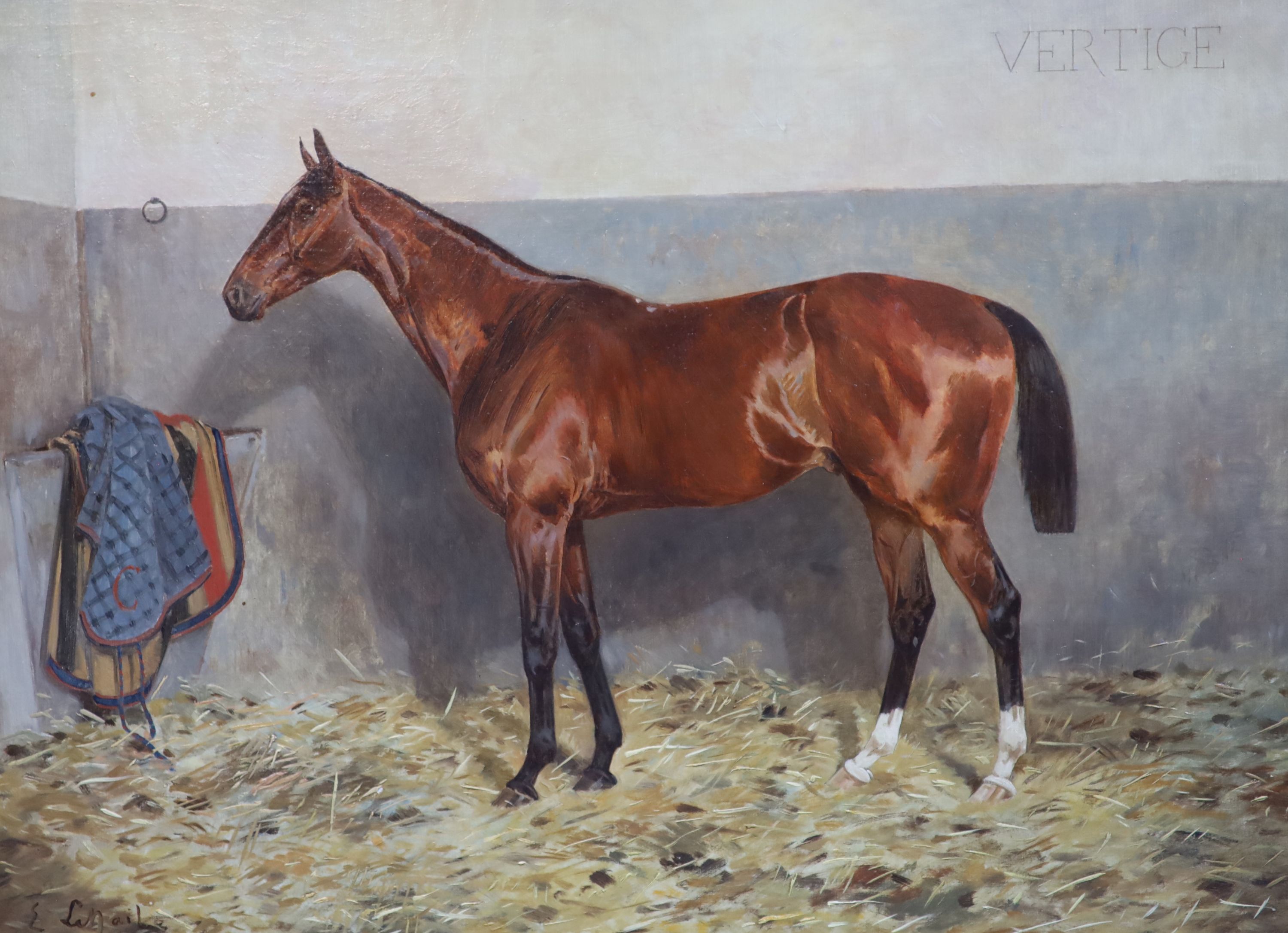 Marie Joseph Le Nail (French, 1842-1927), Portrait of the racehorse ‘Vertige’, winner Aubeuil Grand Hurdle Race, 1894, Oil on canvas, 39 x 53cm.